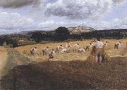 George Robert Lewis Dynedor Hill,Herefordshire,Harvest field with reapers (mk47) oil painting
